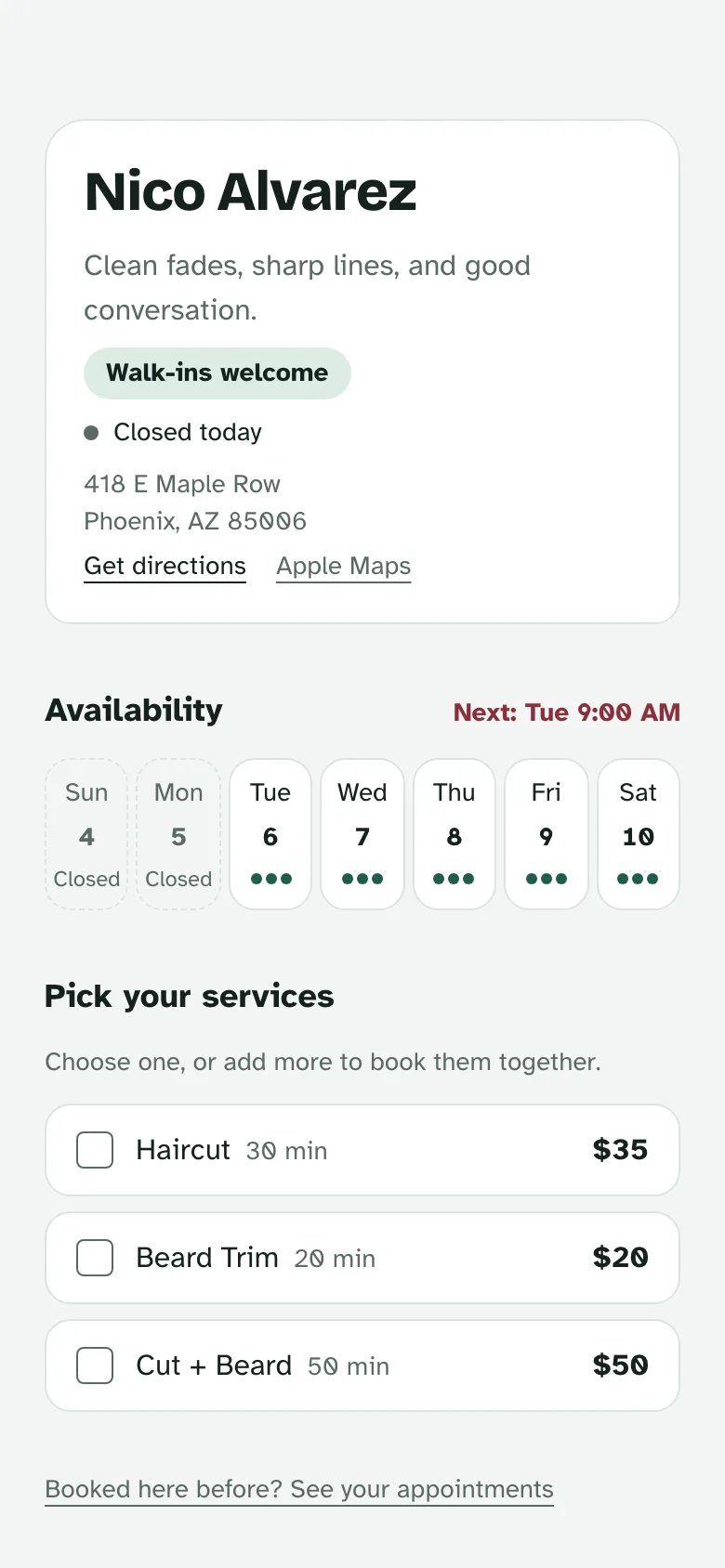 A barber's Evenbooked booking page on a phone: his bio, walk-ins welcome, the shop address, a week of availability with the next opening, and his services with prices.