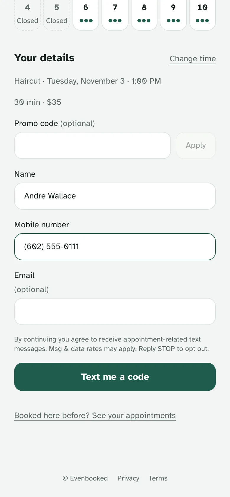 The details step: name and mobile number filled in, email optional, and a Text me a code button.