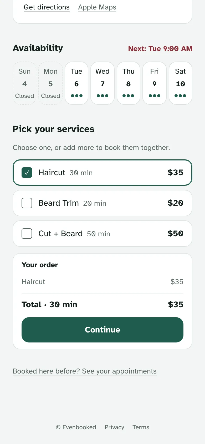Derek's booking page with Haircut, 30 minutes, $35 selected and a Continue button.