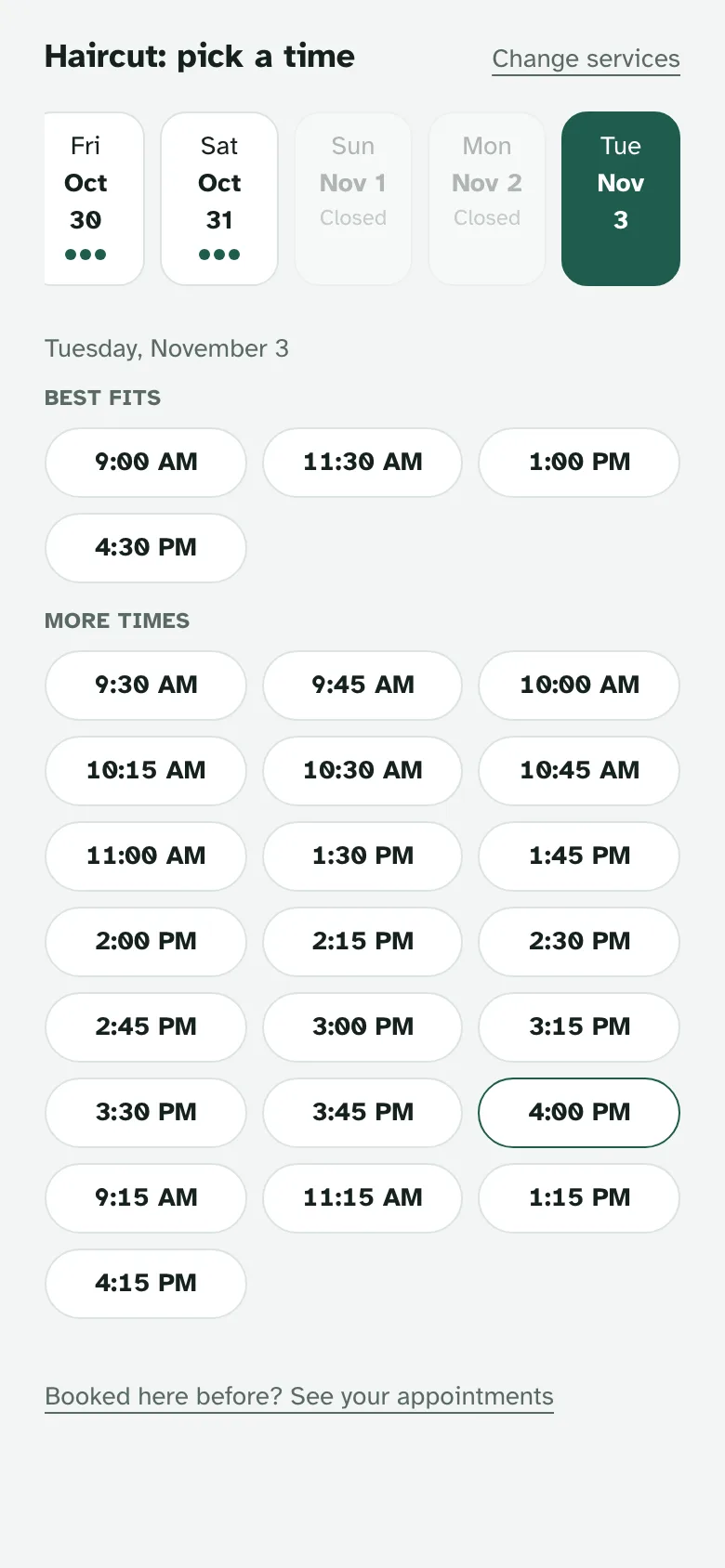 A row of days with open times for the chosen day, best fits listed first.