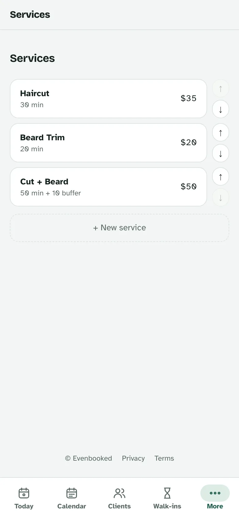 The Services screen in the Evenbooked dashboard: Haircut 30 minutes $35, Beard Trim 20 minutes $20, Cut + Beard 50 minutes $50.
